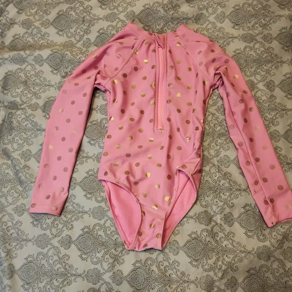Girls Pink Gold Polka Dot Long Sleeve Zip-Up Rash Guard Swimsuit Size XS